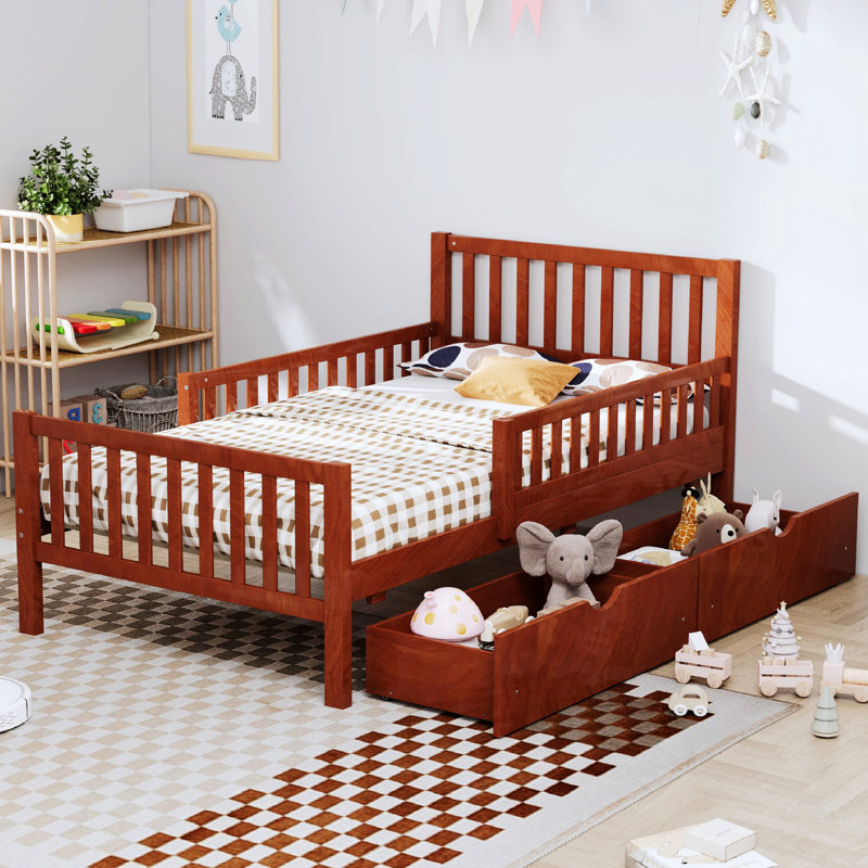 Lit plateforme en bois avec garde-corps des deux côtés et deux tiroirs de rangement, Lit simple, Noyer