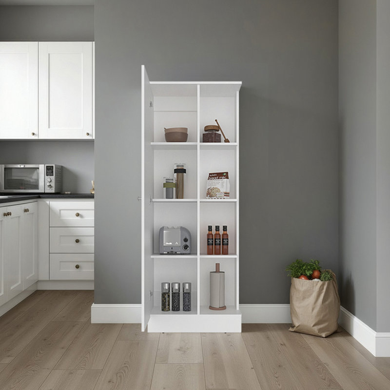 Garde-manger Ayora avec 4 tablettes de rangement ouvertes et une armoire à une porte pour le rangement caché, un garde-manger polyvalent pour la cuisine, le linge ou la lessive