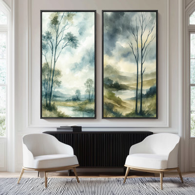 Soft Landscape Tree Silhouette Scene Wall Art for Living Room - Set of 2 Framed Wall Art Print on Canvas 60"x20"x2, 60"x30"x2