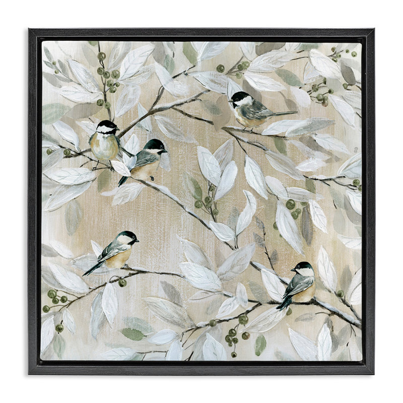 «Chickadee Birds on Branches Grain», art mural sur toile flottante par Carol Robinson, Cadre flottant gris lustré