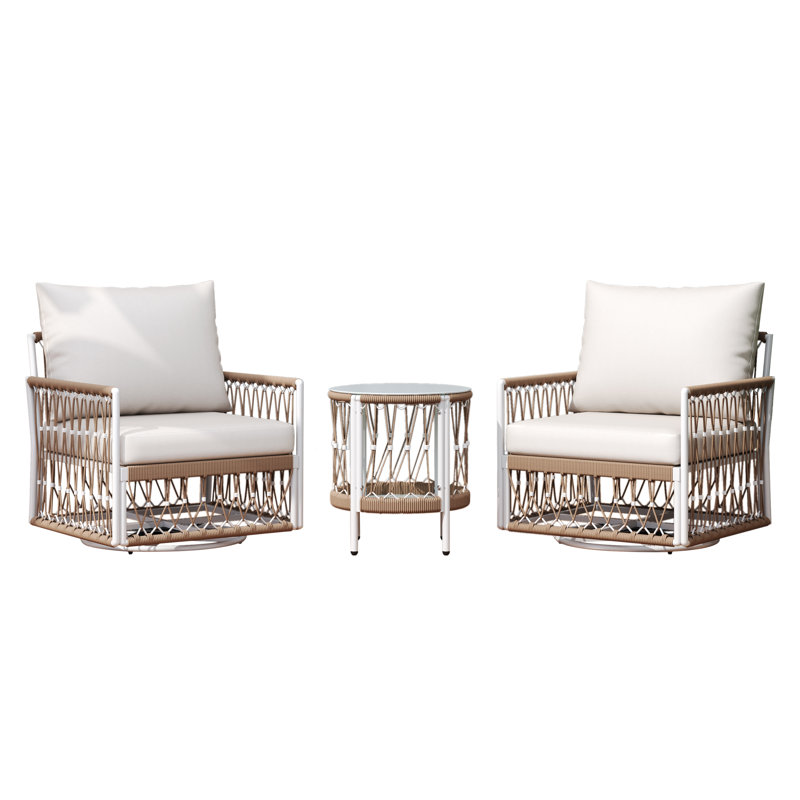 3-Piece Bohemian Outdoor Furniture Set with 2 Swivel Chairs & Glass Top Side Table - Handwoven Rope & Powder-Coated Steel Frame - Waterproof Cushions Patio Conversation Set