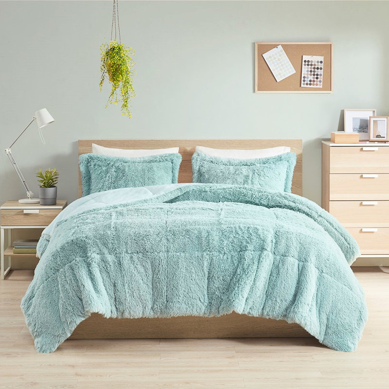 Couette mini en fourrure longue shaggy bleue, taille Twin/Twin XL, réversible