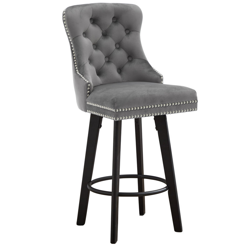 Tabourets de bar rotatifs modernes Tabourets de bar en velours Tabourets de bar touffetés à boutons Rivet Tabourets de bar pour îlot de cuisine, bistro, avec anneau de traction en métal Repose-pieds robuste Grand bar pour la maison, gris foncé 2Pcs