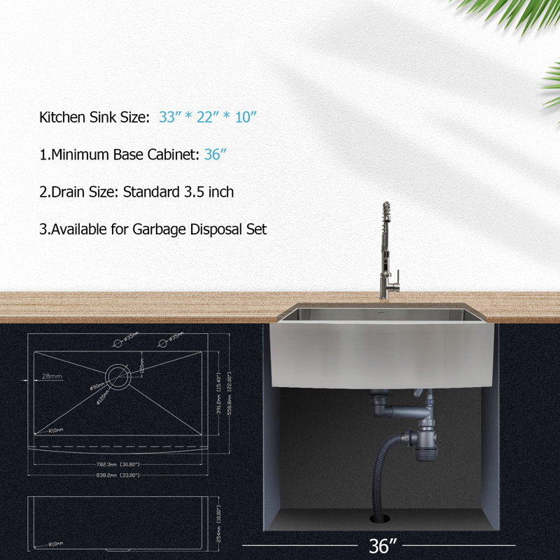 Évier de cuisine encastré 33 po x l 22 po, évier simple en acier inoxydable avec grille d'évier, crépine et support à enroulement