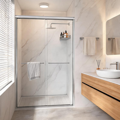 Porte de douche coulissante double semi-encadrée chromée de 44 à 48 pouces avec verre de sécurité trempé de 6 mm d'épaisseur et poignées en acier inoxydable