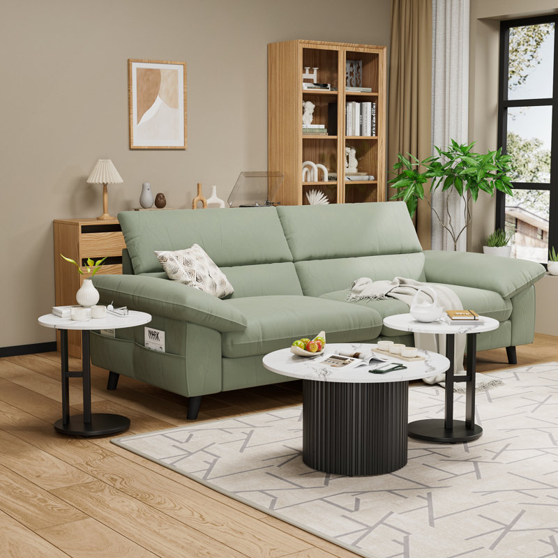 Ensemble de tables basses 3 pièces Modern Modern, plateau rond en faux marbre avec base cylindrique nervurée noire