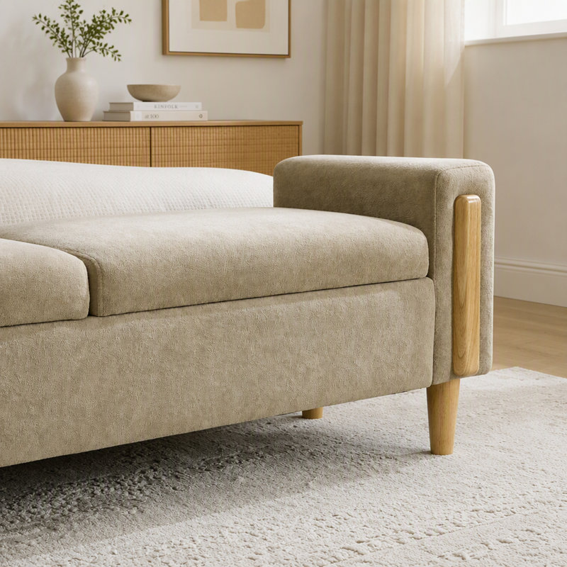 Banc de rangement moderne en chenille avec double couvercle et accoudoirs, Greige, Grège