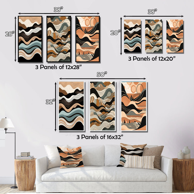 «Teal Black Line Art Elegance», 3 pièces, Cadre naturel flottant, H 32 po x l 48 po