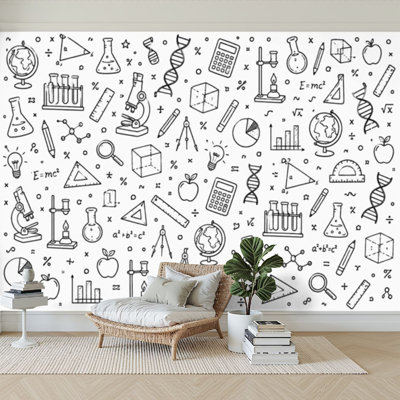 Wall Mural Peel and Stick Wallpaper Education doodle seamless Science line hand drawn elements mathematics Self-Adhesive Removable Contact Paper Wall Decor for Living Room Bedroom 100"H x 144"W