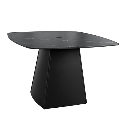Modern 44" Rounded Square Outdoor Pedestal Dining Table, Greek Marble-Look Sintered Stone Top, Flared Pyramid Aluminum Base, Ember Black Finish, Rust-