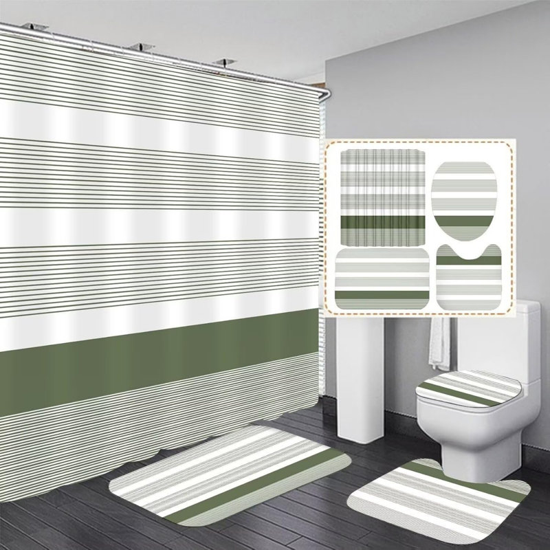 Ensemble de 4 tapis de salle de bain minimalistes à rayures vertes et blanches