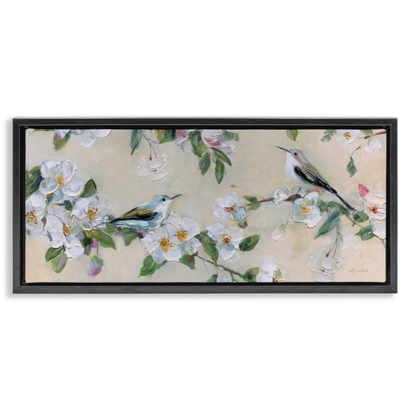 Moineaux et fleurs de pommier, Cadre flottant noir de jais, H 11 po x l 25 po