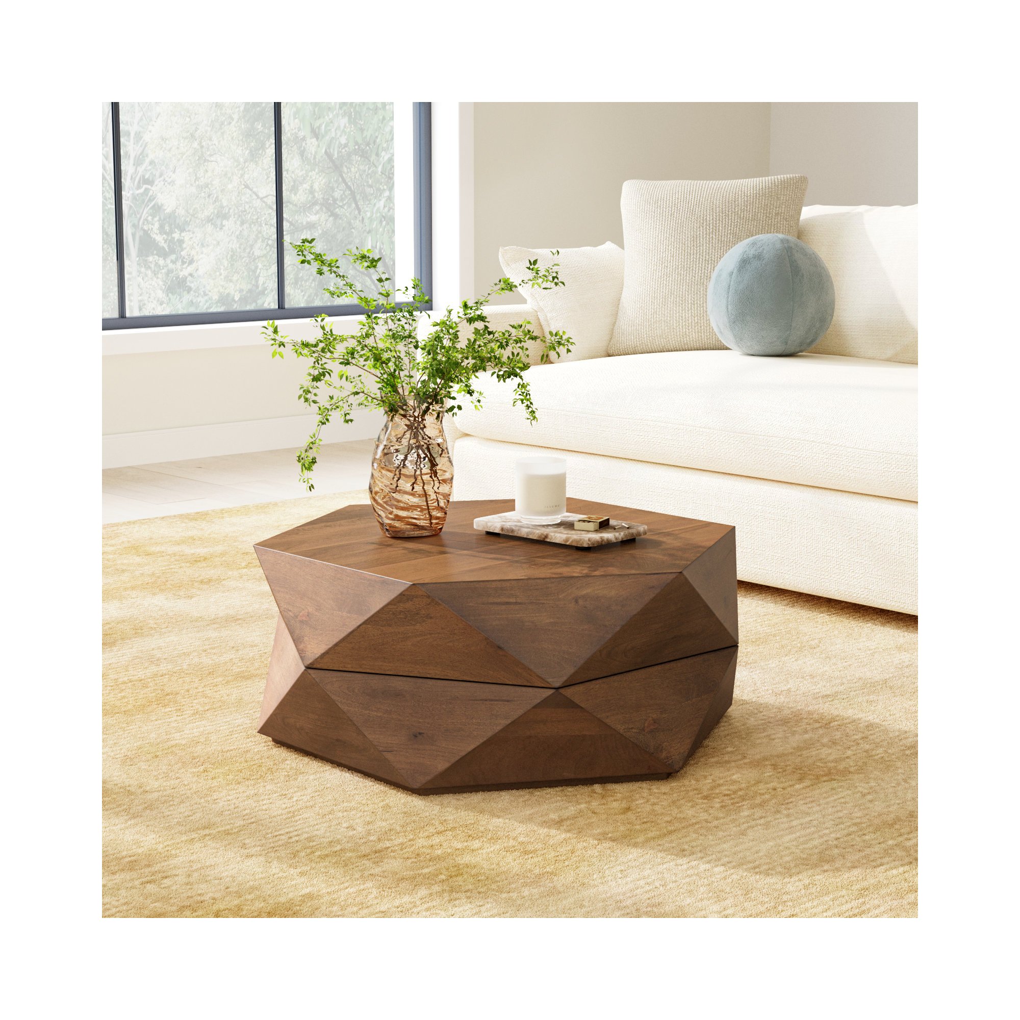 Malonne Solid Wood Single Coffee Table with Storage, 15" H x 36" W x 36" L, Medium Brown
