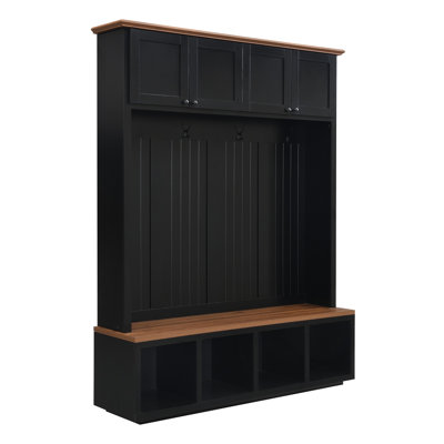 Entryway Hall Tree with Bench and Storage, Farmhouse Wood-grain Accent 4-in-1 Hall Tree with Cabinets, Coat Racks and Hooks for Hallway, Entryway, living room and Mudroom