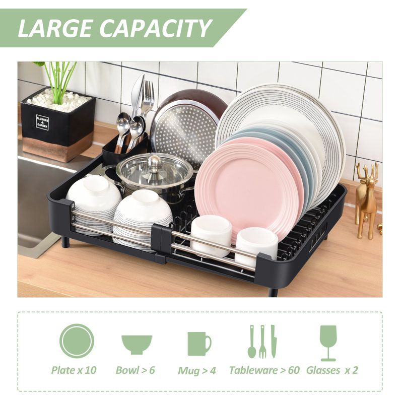 Black Stainless Steel Foldable Dish Rack with Utensil Cup