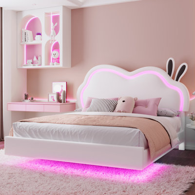 Base de lit flottante pour enfant avec tête de lit ajustable Zoomie, lit plateforme tapissier Zoomie, blanc