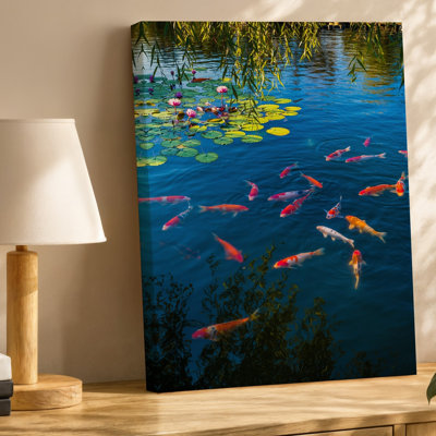 Canvas A Serene Pond Scene Featuring Vibrant Koi Fish Swimming Gracefully Wall Art Amidst Floating Lily Pads And Delicate Water Lilies Canvas Wall Art
