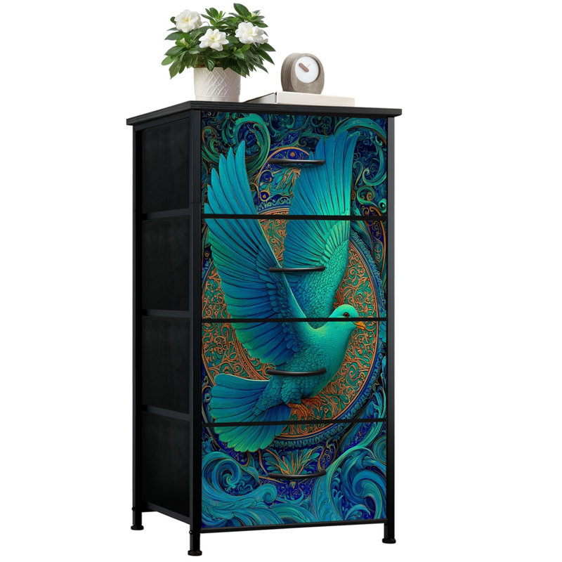 Commode vitrail pour la chambre à coucher avec 4 tiroirs de rangement Teal Turquoise Bird Wall Art Gothic Mosaic Style Commodes