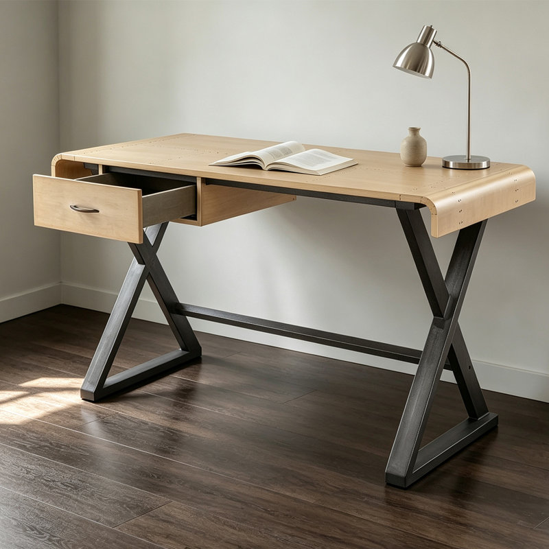 Bureau Danton de style industriel 50 pouces – Plateau aspect aluminium doré, structure métallique en forme de X et tiroir de rangement, bureau d'ordinateur minimaliste pour bureau à domicile