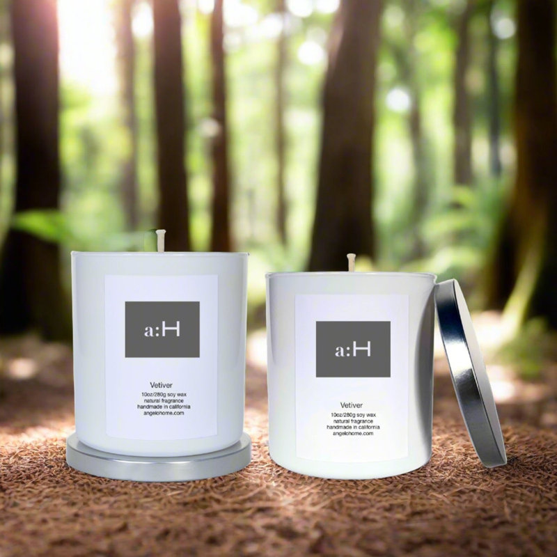 A: H Bougie parfumée en verre vétiver avec support en verre, 2