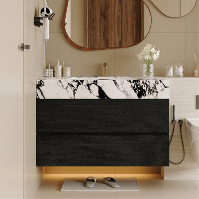 Meuble-lavabo flottant moderne 29,9 po avec comptoir en faux marbre et lavabo encastré en céramique, fixation murale pour petites salles de bain et appartements