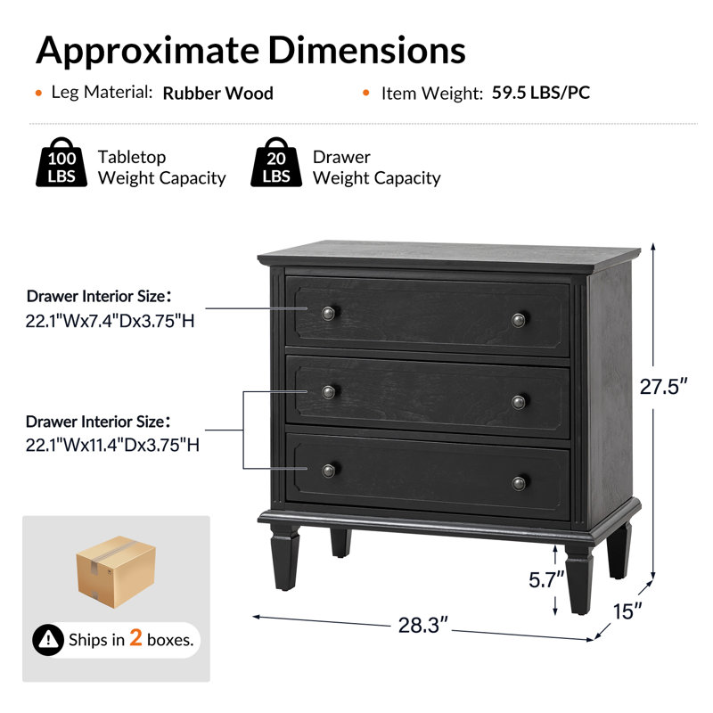 Amberlyn 28.3'' W Transitional 3-Drawer End Table with Built-In Outlet and Solid Wood Legs(Set of 2), Black