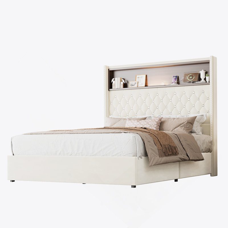 Structure de lit double capitonnée en velours pleine grandeur avec port USB et veilleuse, tête de lit à hauteur de 52 po avec rivets, lit plateforme à oreilles avec tablette de tête de lit, beige
