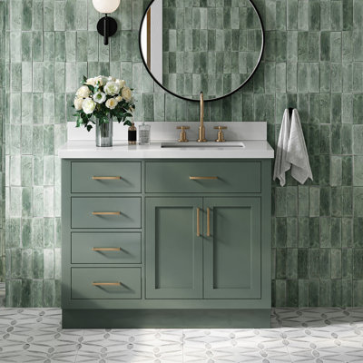 Meuble-lavabo simple en bois massif 42 po Tidworth avec plateau en quartz blanc 1,5 po