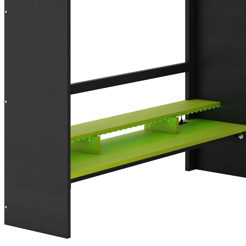 Full Size Wood Bunk Bed With Desk,Wardrobe,Ample Storage Space And RGB Light, Green
