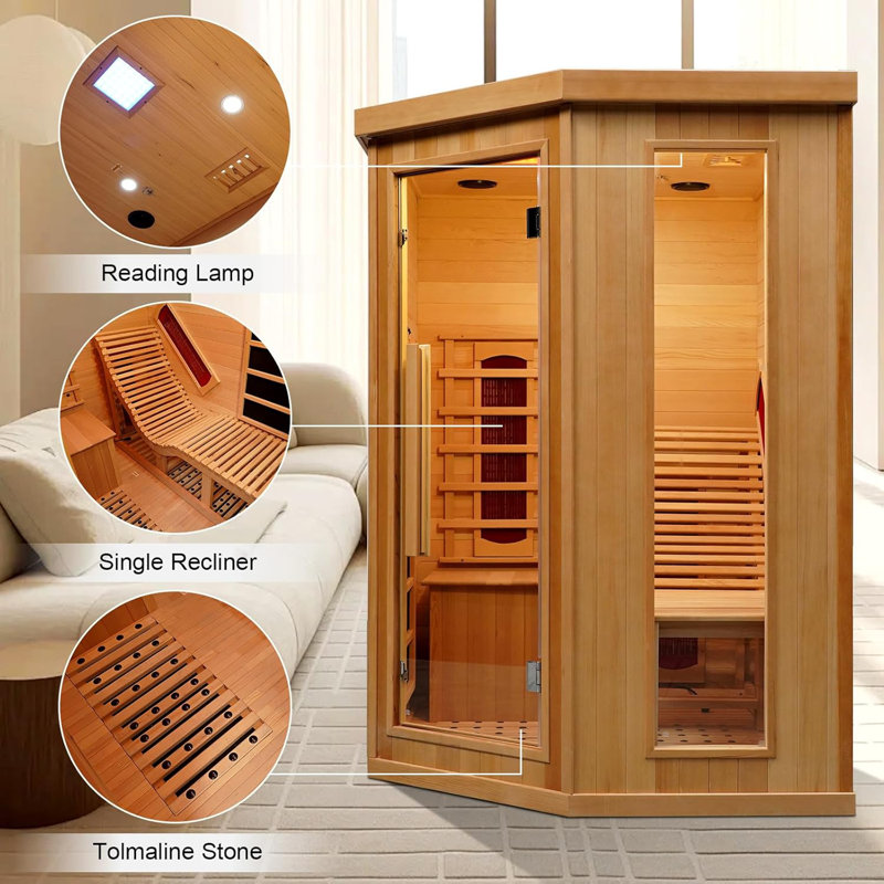 ZONEMEL Infrared Sauna Room with Recliner, 1 or 2 Person Infrared Sauna Home, 220V, 2300W, 4 Heating Tubes, 4 Carbon Crystal Heating Panel, Bluetooth Speakers, 7 Color Light, Oxygen Bar