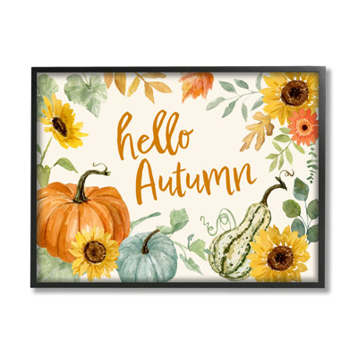 «Hello Autumn Orange Calligraphy Fall Plants Border Black», estampe numérique encadrée de Victoria Barnes