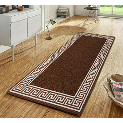 Greek-Key Brown Beige Non-Slip Polypropylene Area Rug — Washable Door Mat & Hallway Runner for Living Room, Kitchen & Bedroom