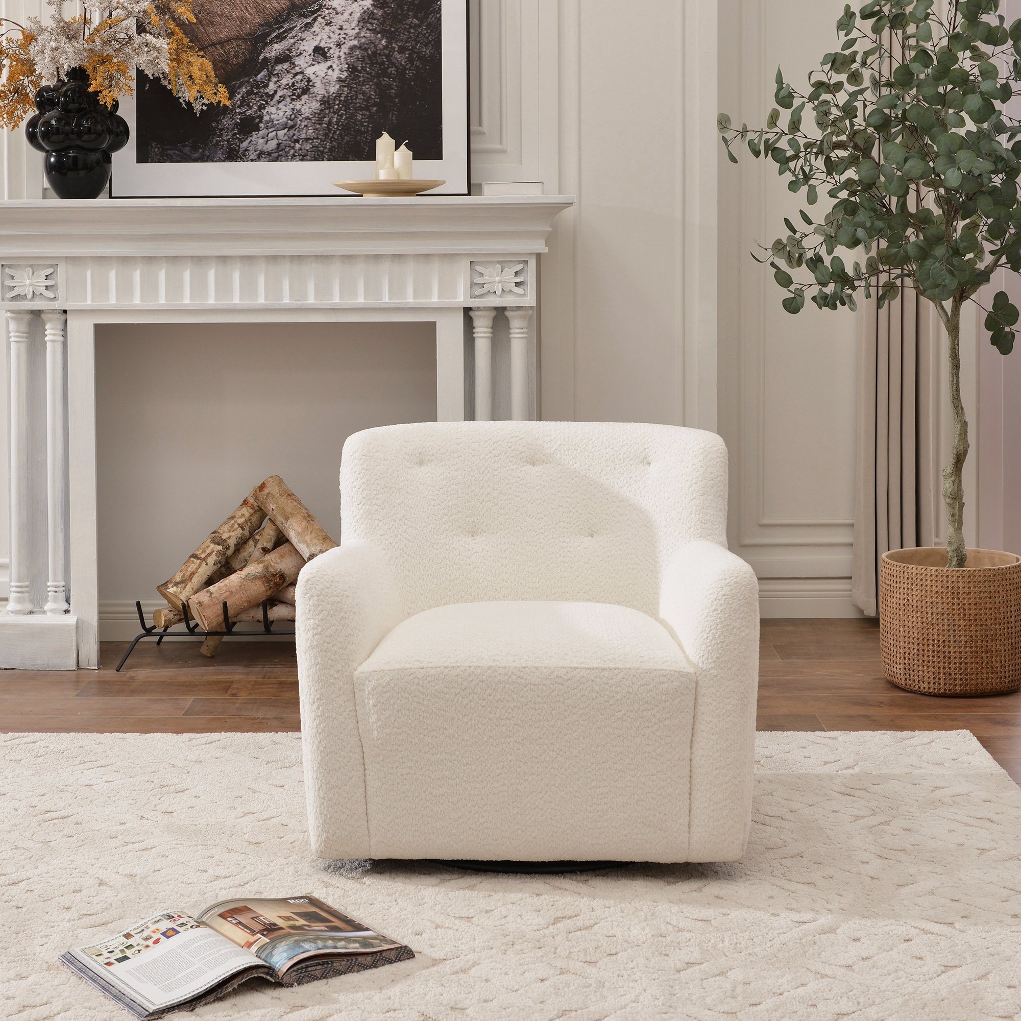 Fae Chenille Upholstered Swivel Armchair, Snow Textured Chenille