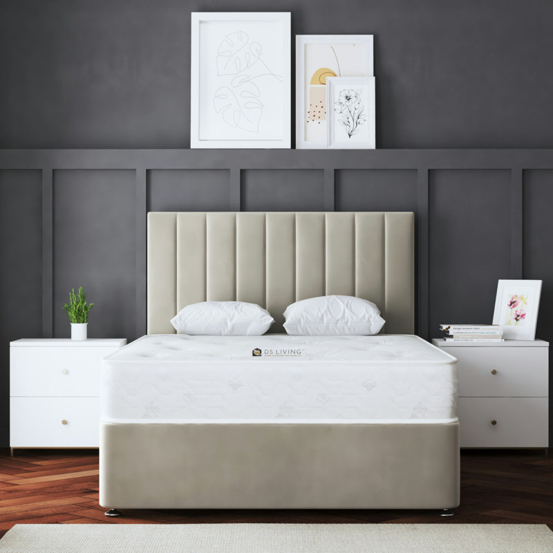  Upholstered Panel Divan Bed with Headboard, Kingsize (5'), Beige