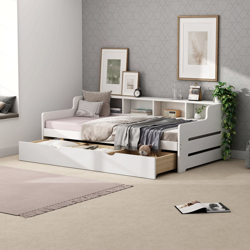 Lit de jour simple en bois avec 3 plateaux pour chambre d'amis, petite chambre, salle d'étude, blanc