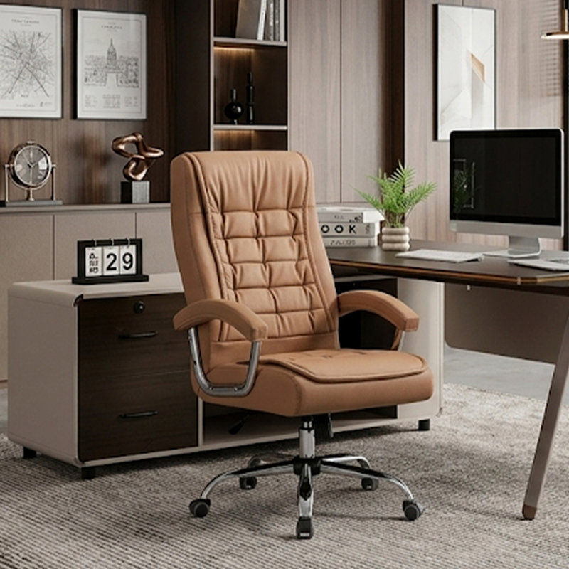 Fauteuil de direction en cuir synthétique à haut dossier avec coussin de siège à ressorts, fauteuil d'ordinateur pivotant ergonomique avec accoudoirs chromés, capacité de 350 lb pour le bureau personnel, chameau