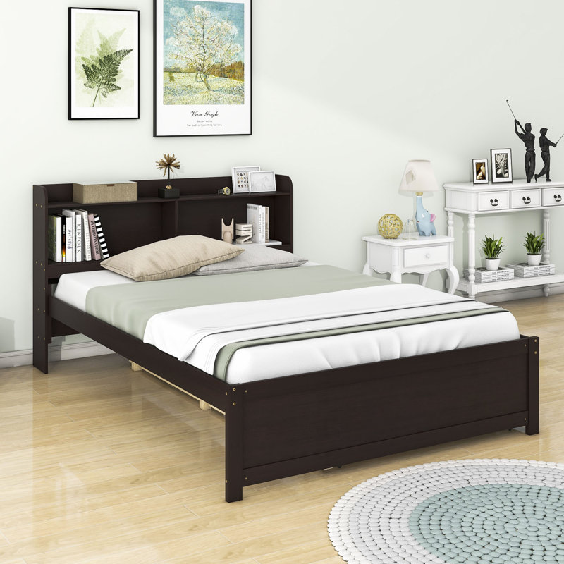 Lit plateforme en bois avec lit gigogne simple et rangement Halvorsen, Espresso