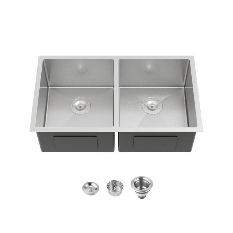 Évier de cuisine encastré 33 po x 19 po à double cuve, lavabo encastré à la main brossé (évier seulement)