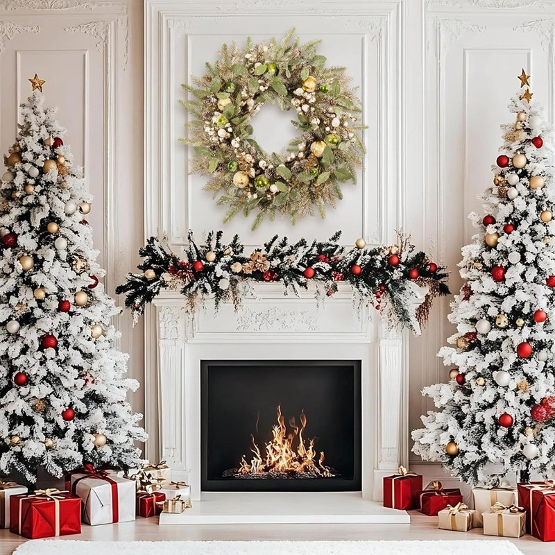 Couronne de Noël - Or et vert - Aiguilles de pin artificielles, pommes de pin, baies blanches et dorées, décorations de fêtes intérieures et extérieures