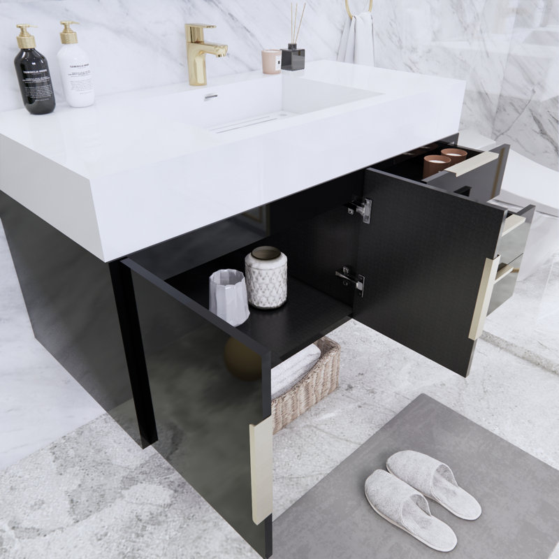 Ensemble de meuble-lavabo simple mural 42 po Glasgow, Noir lustré, Blanc lustré