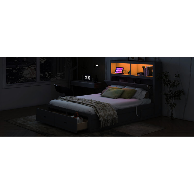 Grand lit en bois hydraulique gris avec rangement inférieur, tête de lit à DEL, fonction de chargement et station éclairée à 2 tiroirs, tiroirs,