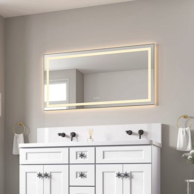 Miroir de salle de bain 55 po x 28 po à DEL avec façade et rétroéclairage, miroir de meuble-lavabo mural avec cadre en aluminium, antibuée, mémoire, 3 couleurs, gradation continue
