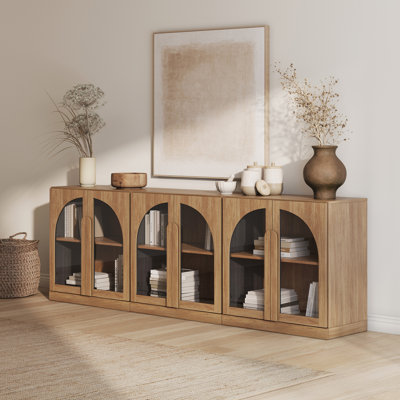 Ensemble de 3 armoires arquées avec portes et tablette en verre, brun clair
