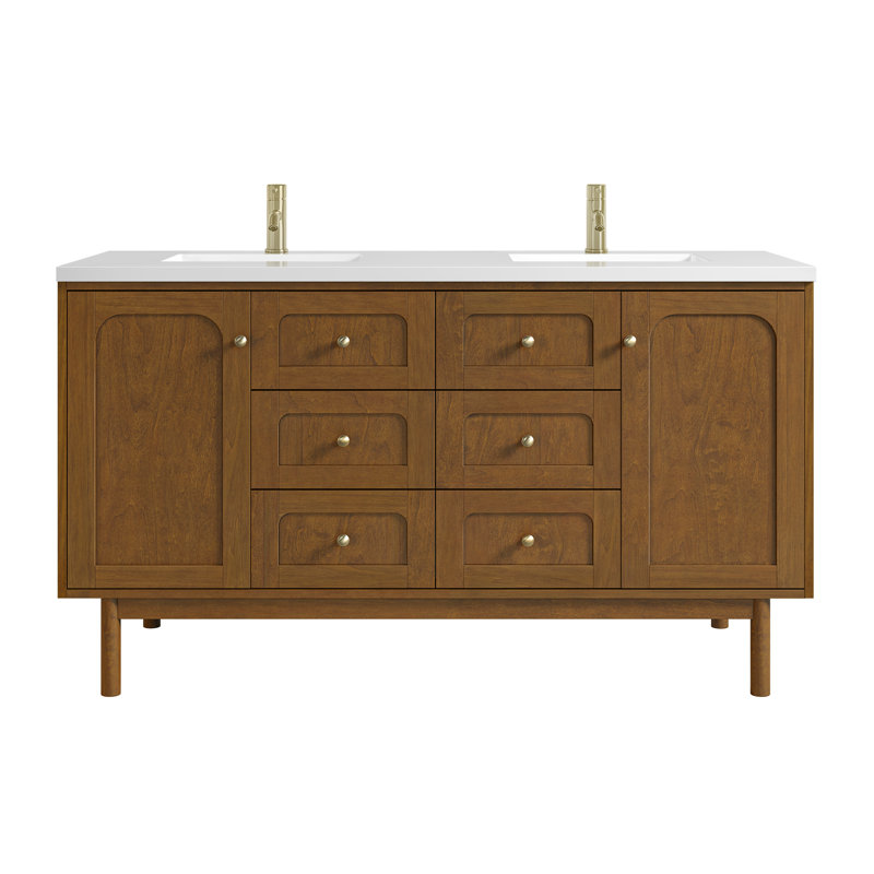 Laurent 60" Double Vanity, Single Hole, White Zeus, Honey Oak