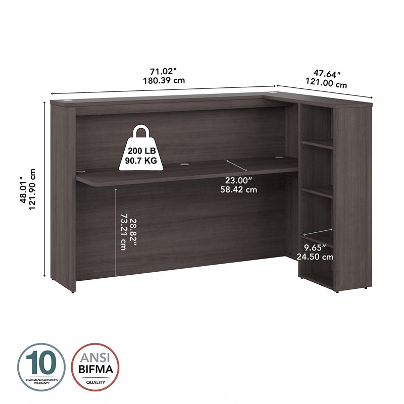 Bureau d'intimité avec tablettes Bush C, L 72 po x P 48 po x H 48 po, Gris orage