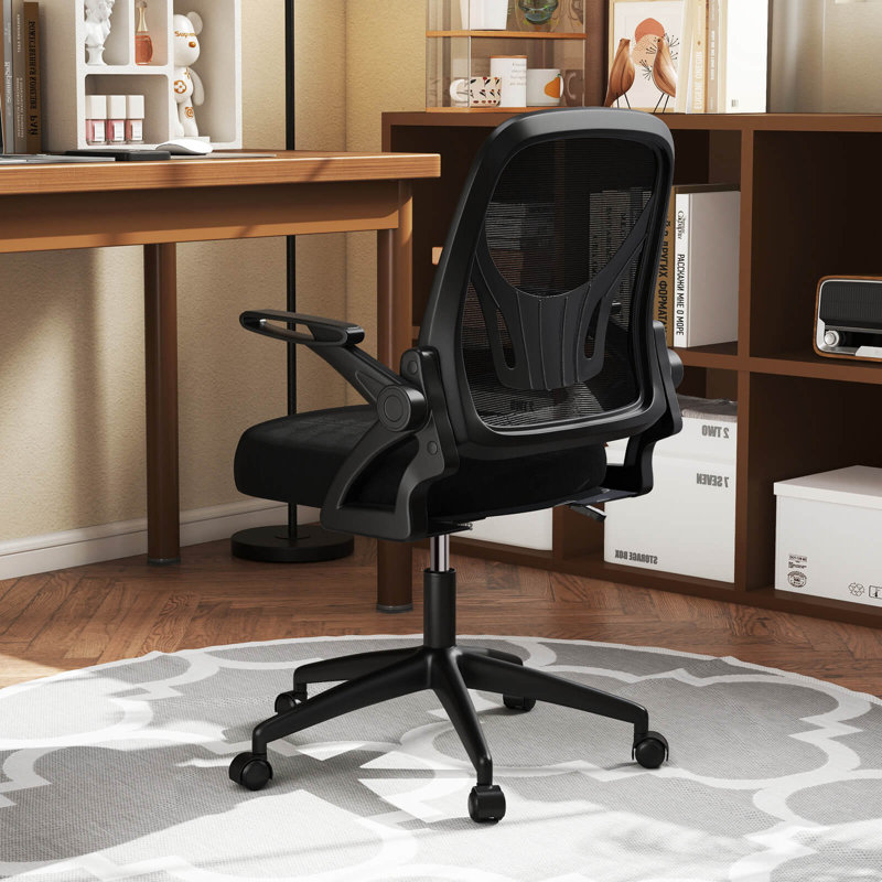 Chaise de bureau en filet avec support lombaire et accoudoirs rabattables à roulettes pour le travail, Noir, Noir
