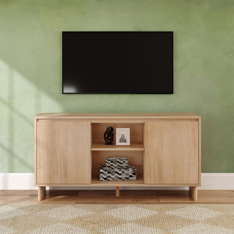 Meuble télé / buffet moderne 2 portes avec tablette centrale (59 x 16 x 30 po), blond, H 30 po x L 59 po x l 16 po, Blond