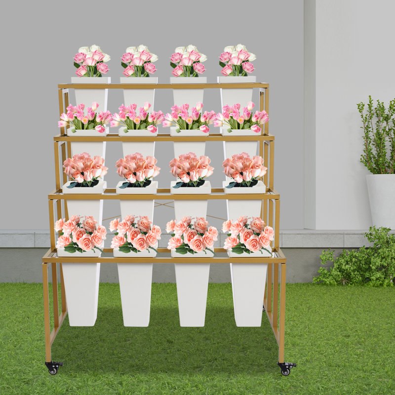 Support à plante à fleurs à 4 niveaux avec seaux de 16 pièces Terisa, Or/blanc