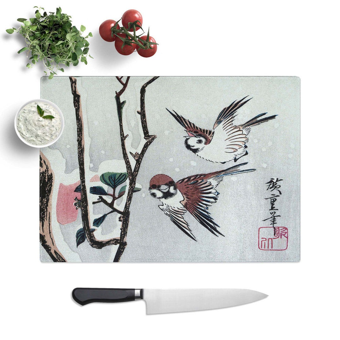 Tempered Glass Sparrows and Camellias by Utagawa Hiroshige Chopping Board