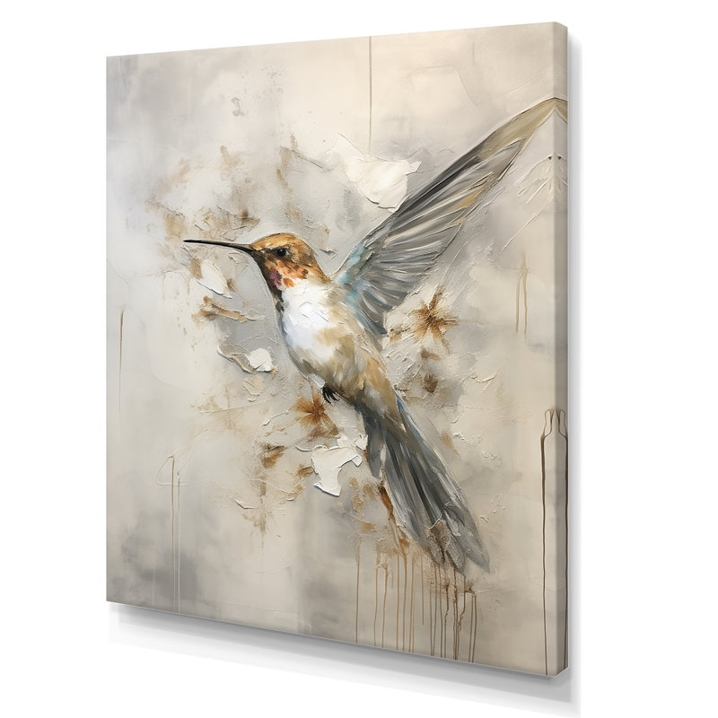 Colibri floral flottant II - Art mural colibri, H 44 po x l 34 po x P 1,5 po, Toile tendue